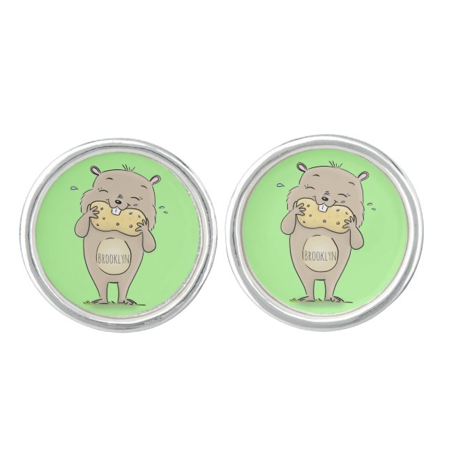 Cute happy smiling hamster with peanut cartoon cufflinks (Front)