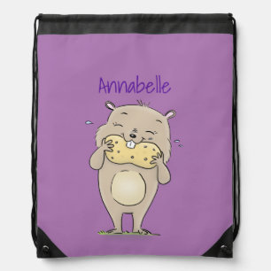 Cute happy smiling hamster with peanut cartoon drawstring bag