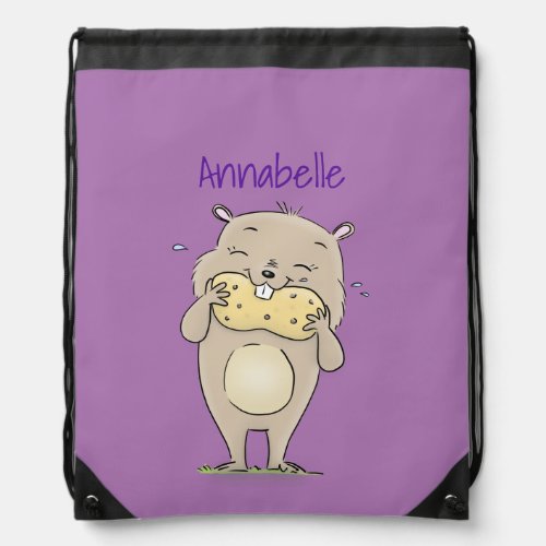 Cute happy smiling hamster with peanut cartoon drawstring bag