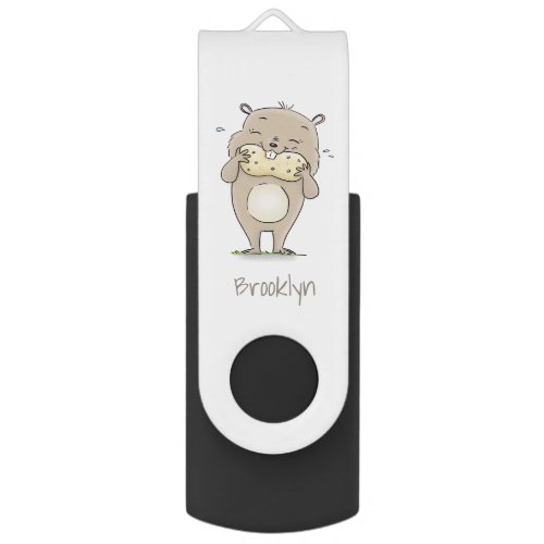 Cute happy smiling hamster with peanut cartoon flash drive