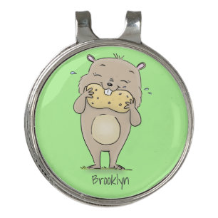 Cute happy smiling hamster with peanut cartoon golf hat clip