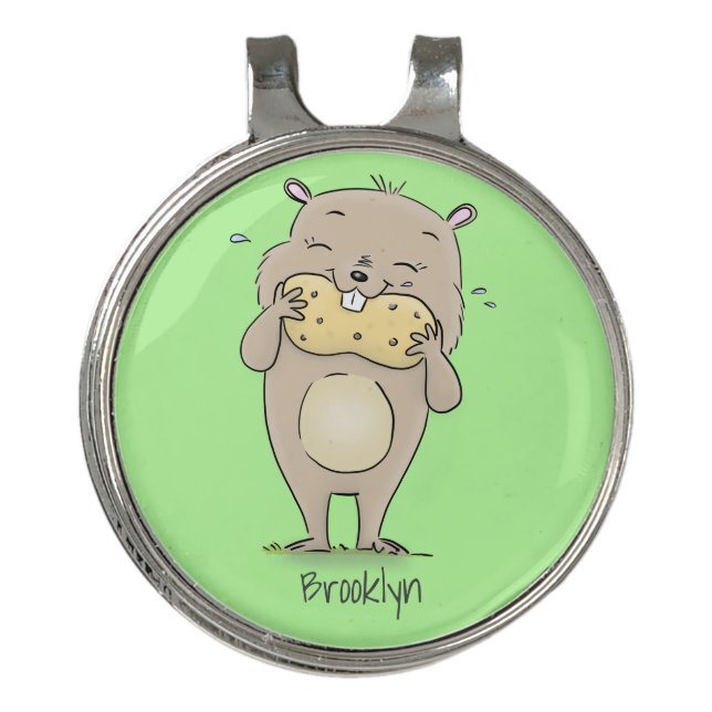 Cute happy smiling hamster with peanut cartoon golf hat clip (Front)