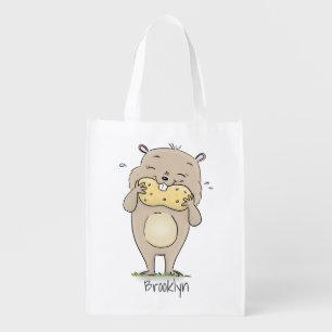 Cute happy smiling hamster with peanut cartoon grocery bag
