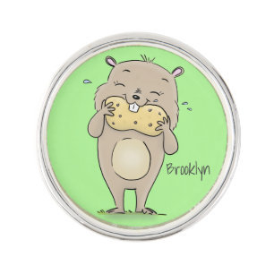 Cute happy smiling hamster with peanut cartoon lapel pin