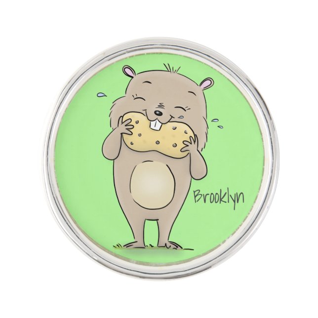 Cute happy smiling hamster with peanut cartoon lapel pin (Front)