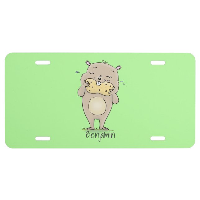 Cute happy smiling hamster with peanut cartoon license plate (Front)