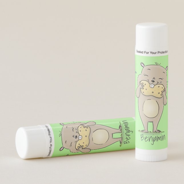 Cute happy smiling hamster with peanut cartoon lip balm (Front)