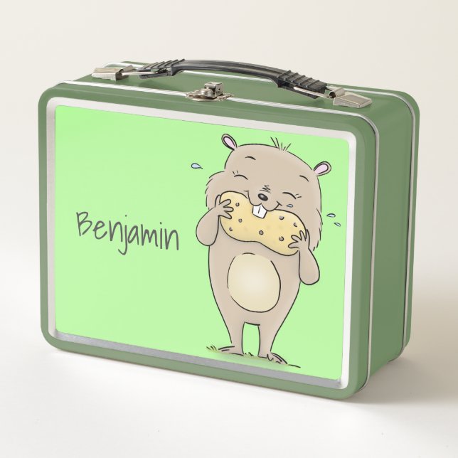 Cute happy smiling hamster with peanut cartoon metal lunch box (Front)