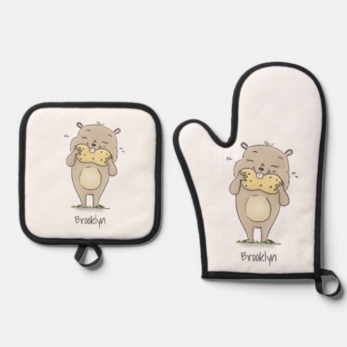 Cute happy smiling hamster with peanut cartoon oven mitt  pot holder set