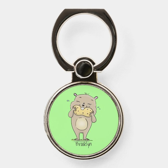 Cute happy smiling hamster with peanut cartoon phone ring stand (Front)