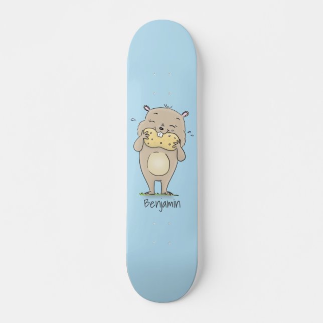 Cute happy smiling hamster with peanut cartoon skateboard (Front)