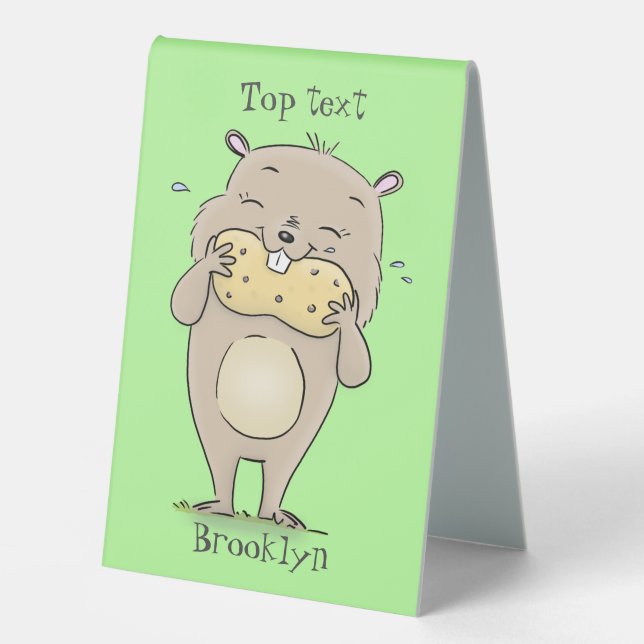 Cute happy smiling hamster with peanut cartoon table tent (Front)