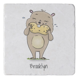 Cute happy smiling hamster with peanut cartoon trivet