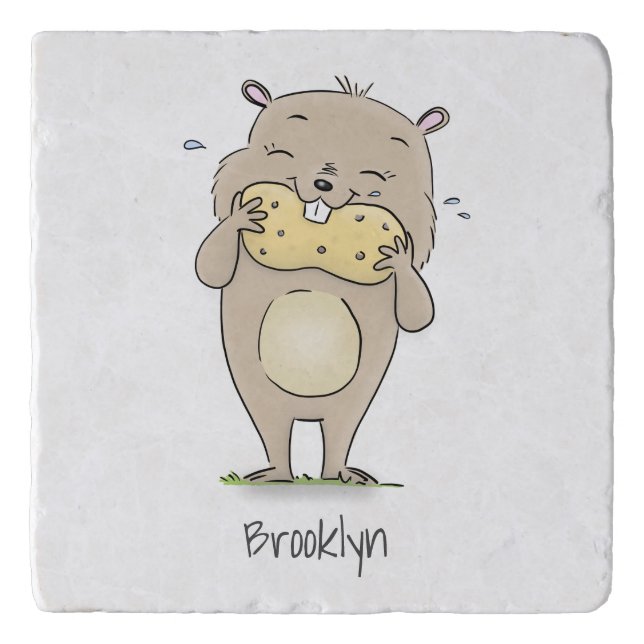 Cute happy smiling hamster with peanut cartoon trivet (Front)