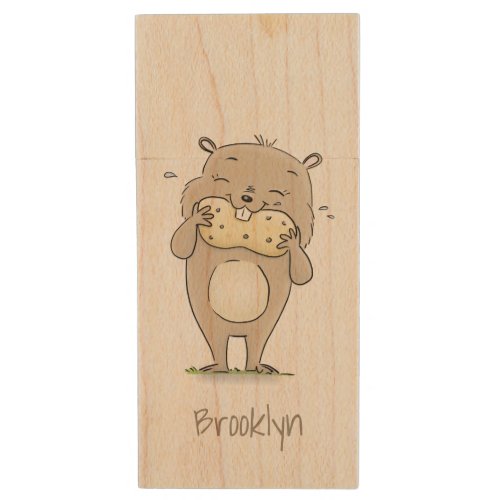 Cute happy smiling hamster with peanut cartoon wood flash drive