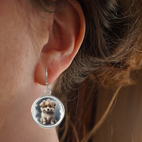 Cute Happy Smiling Puppy Dog Silver Round Earrings