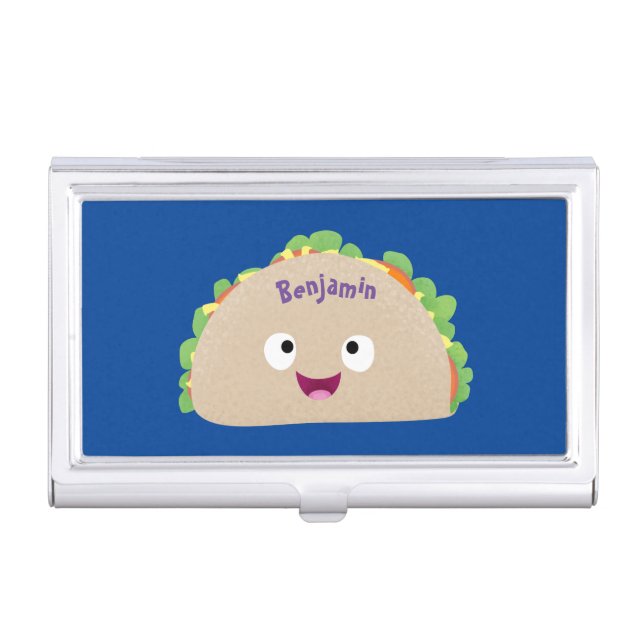 Cute happy smiling taco cartoon illustration business card case (Front)