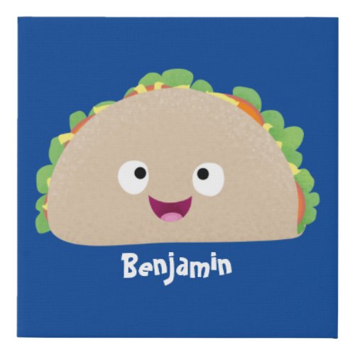 Cute happy smiling taco cartoon illustration  faux canvas print