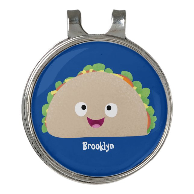 Cute happy smiling taco cartoon illustration golf hat clip (Front)