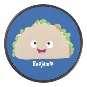 Cute happy smiling taco cartoon illustration hockey puck
