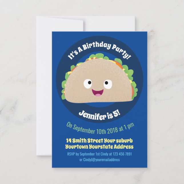 Cute happy smiling taco cartoon illustration invitation (Front)