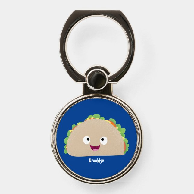 Cute happy smiling taco cartoon illustration phone ring stand (Front)