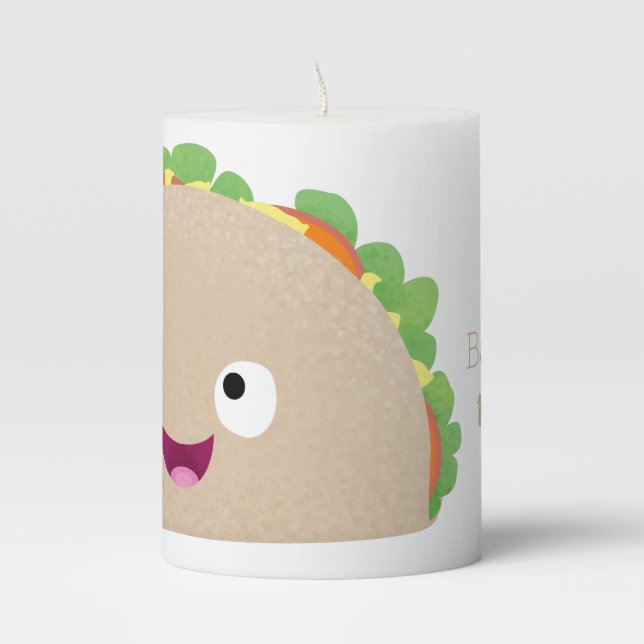 Cute happy smiling taco cartoon illustration pillar candle (Front)