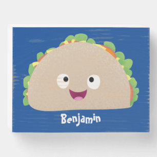 Cute happy smiling taco cartoon illustration  wooden box sign