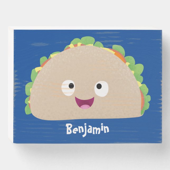 Cute happy smiling taco cartoon illustration  wooden box sign (Front Horizontal)