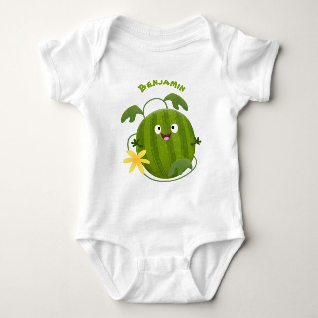 Cute happy smiling watermelon cartoon baby bodysuit (Front)