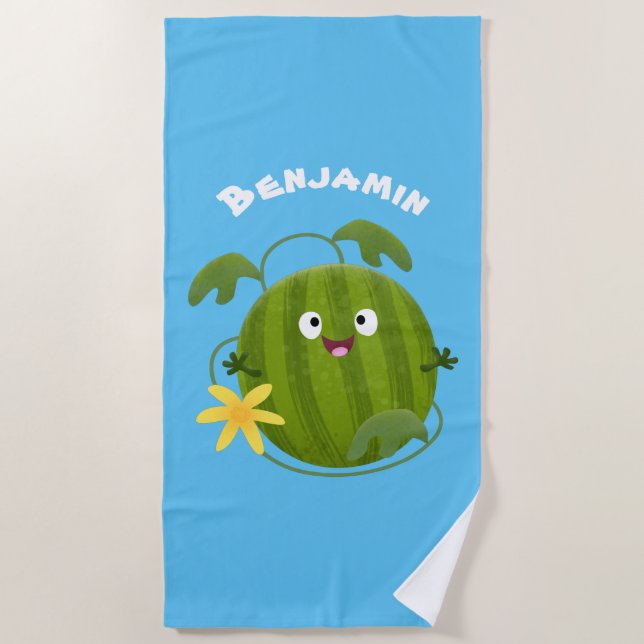 Cute happy smiling watermelon cartoon beach towel (Front)