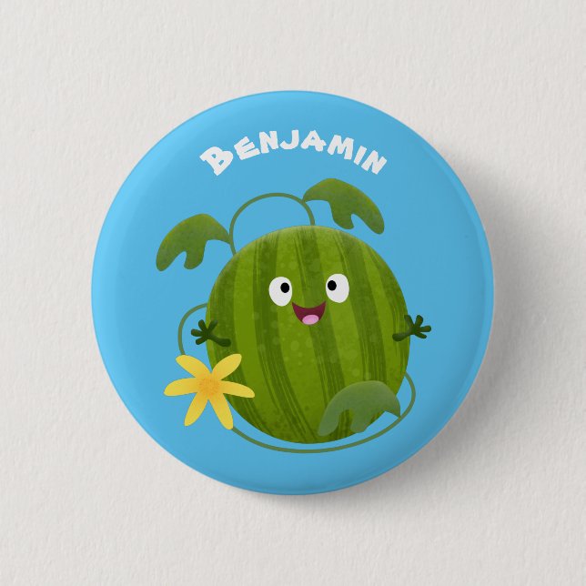 Cute happy smiling watermelon cartoon button (Front)