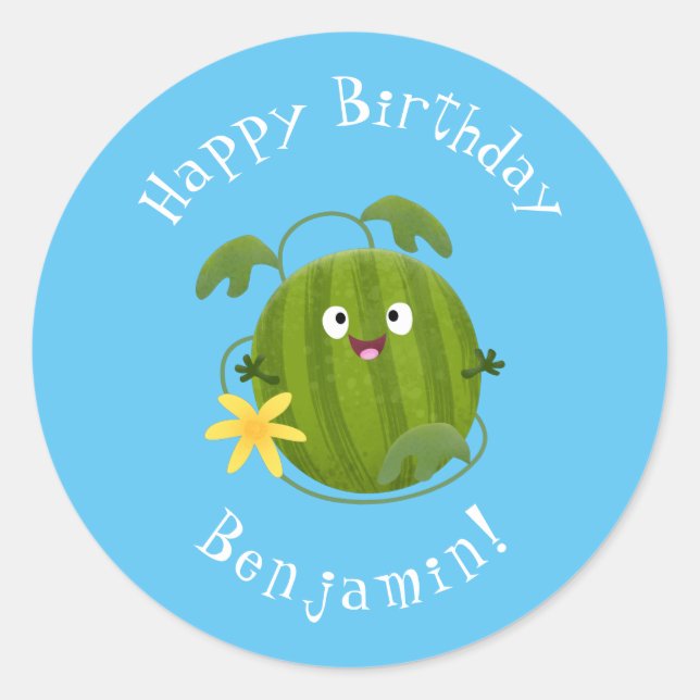 Cute happy smiling watermelon cartoon classic round sticker (Front)