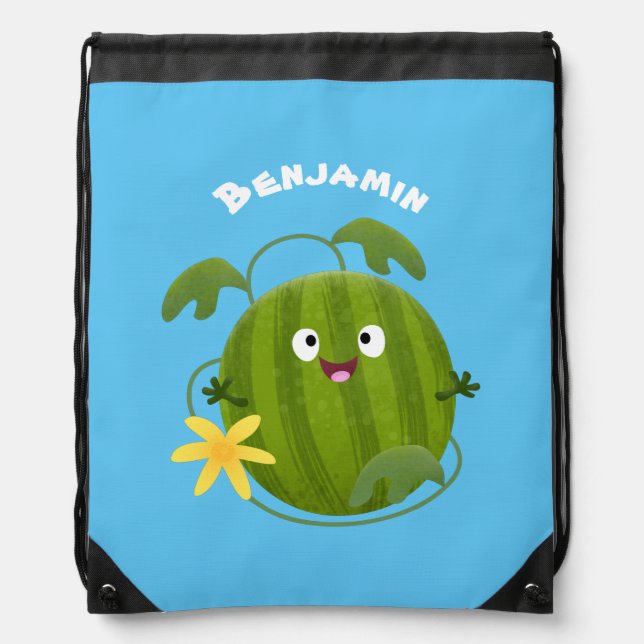 Cute happy smiling watermelon cartoon drawstring bag (Front)