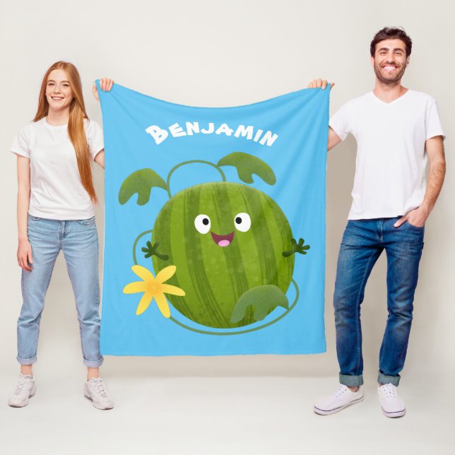 Cute happy smiling watermelon cartoon fleece blanket (In Situ)