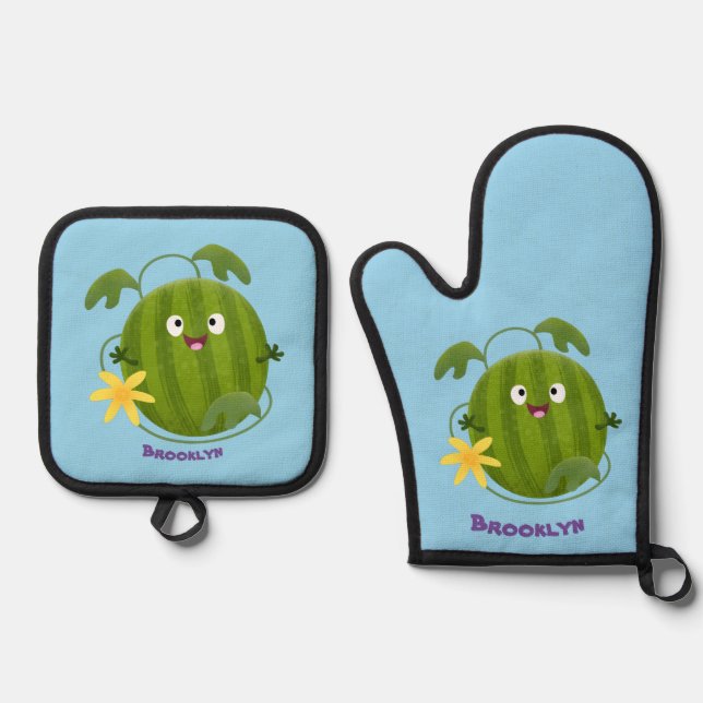 Cute happy smiling watermelon cartoon oven mitt & pot holder set (Front)
