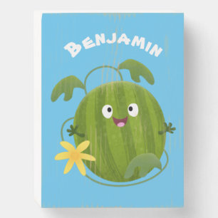Cute happy smiling watermelon cartoon wooden box sign
