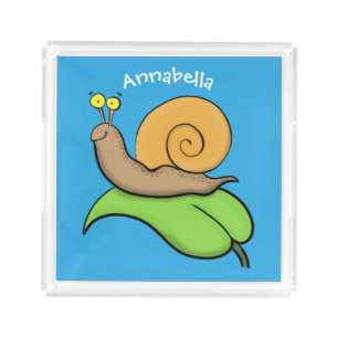 Cute, happy snail on a leaf cartoon illustration acrylic tray