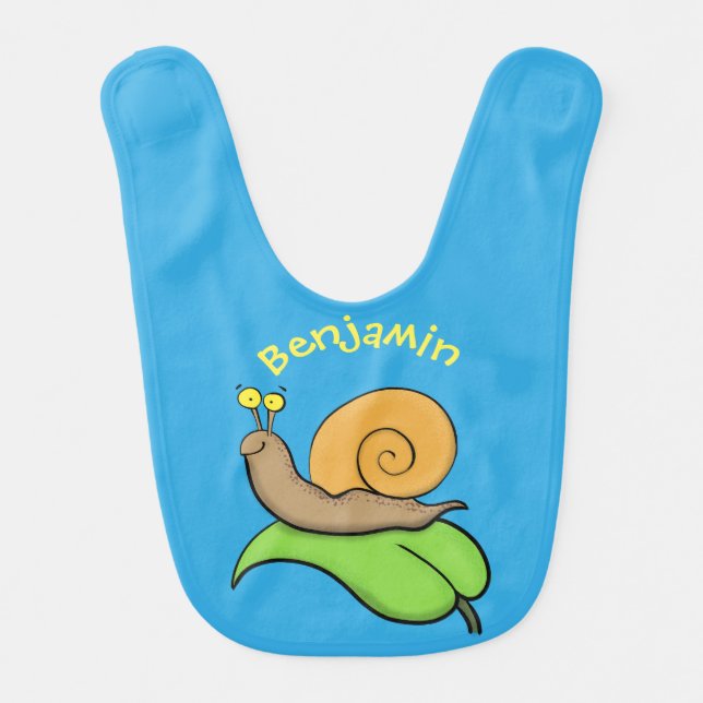 Cute, happy snail on a leaf cartoon illustration baby bib (Front)