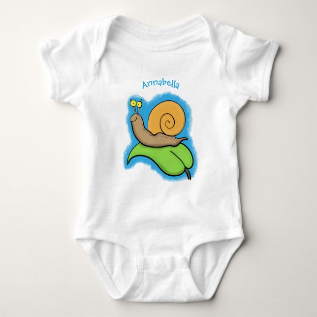 Cute, happy snail on a leaf cartoon illustration baby bodysuit (Front)