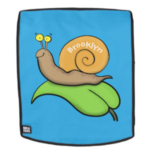 Cute, happy snail on a leaf cartoon illustration backpack