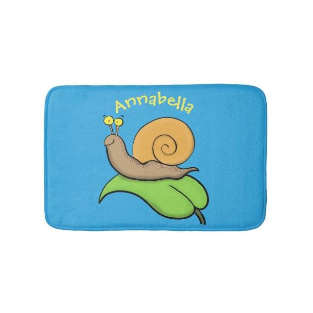 Cute, happy snail on a leaf cartoon illustration bath mat (Front)