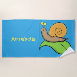 Cute, happy snail on a leaf cartoon illustration beach towel