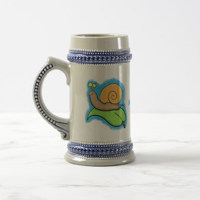 Cute, happy snail on a leaf cartoon illustration beer stein (Left)