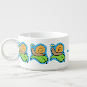 Cute, happy snail on a leaf cartoon illustration bowl