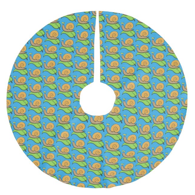 Cute, happy snail on a leaf cartoon illustration brushed polyester tree skirt (Front)