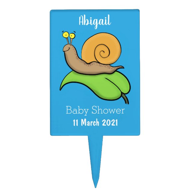 Cute, happy snail on a leaf cartoon illustration cake topper (Front)