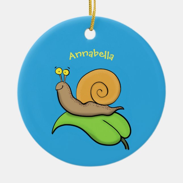 Cute, happy snail on a leaf cartoon illustration ceramic ornament (Front)