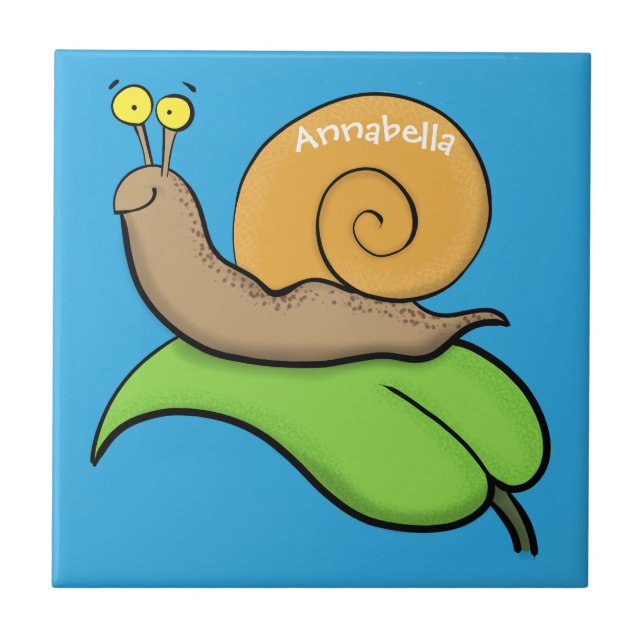 Cute, happy snail on a leaf cartoon illustration ceramic tile (Front)