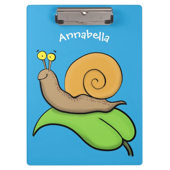 Cute, happy snail on a leaf cartoon illustration clipboard (Front)